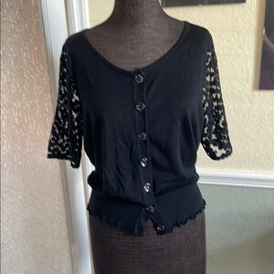 August silk Black Lace Sleeve Button-Up Top